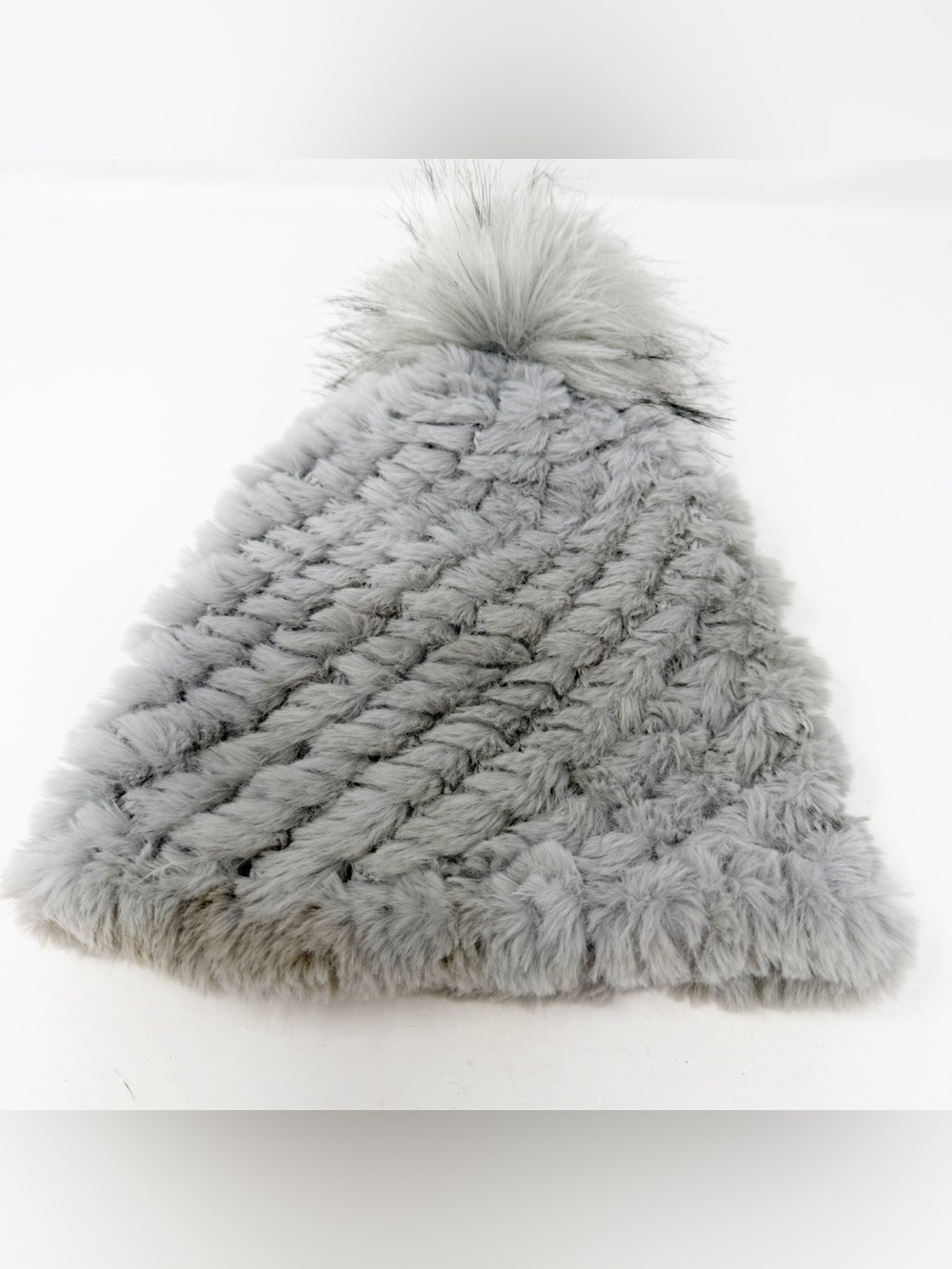 J. McLaughlin Faux Fur Gray Beanie Womens Knit Hat Pom Pom Winter